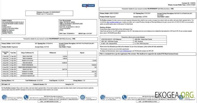 Inde Oui Relevé de compte bancaire Modèle Word et PDF, 2 pages